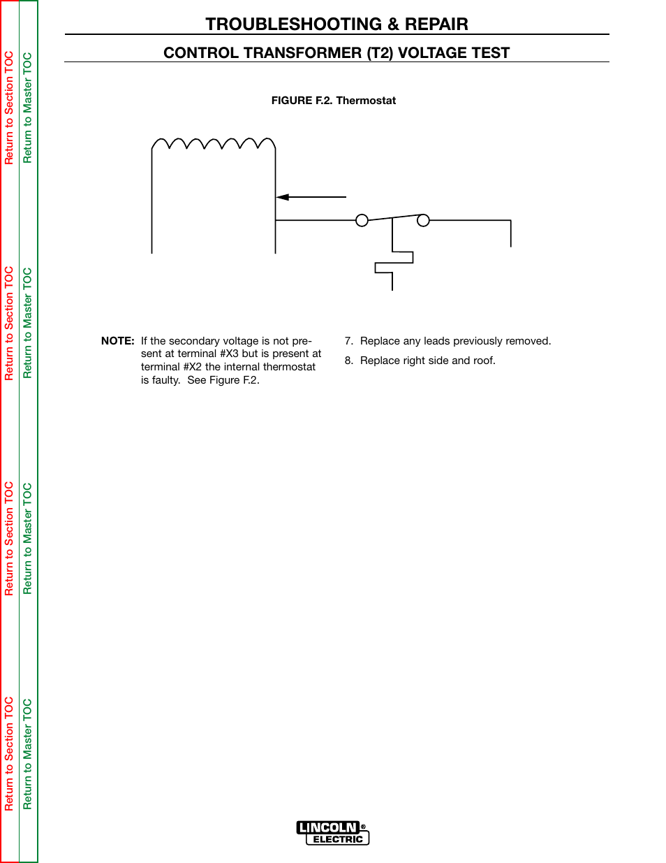 X3 thermostat x2 x1 secondary, Troubleshooting & repair, Control transformer (t2) voltage test | Lincoln Electric MULTI-SOURCE SVM155-A User Manual | Page 40 / 96
