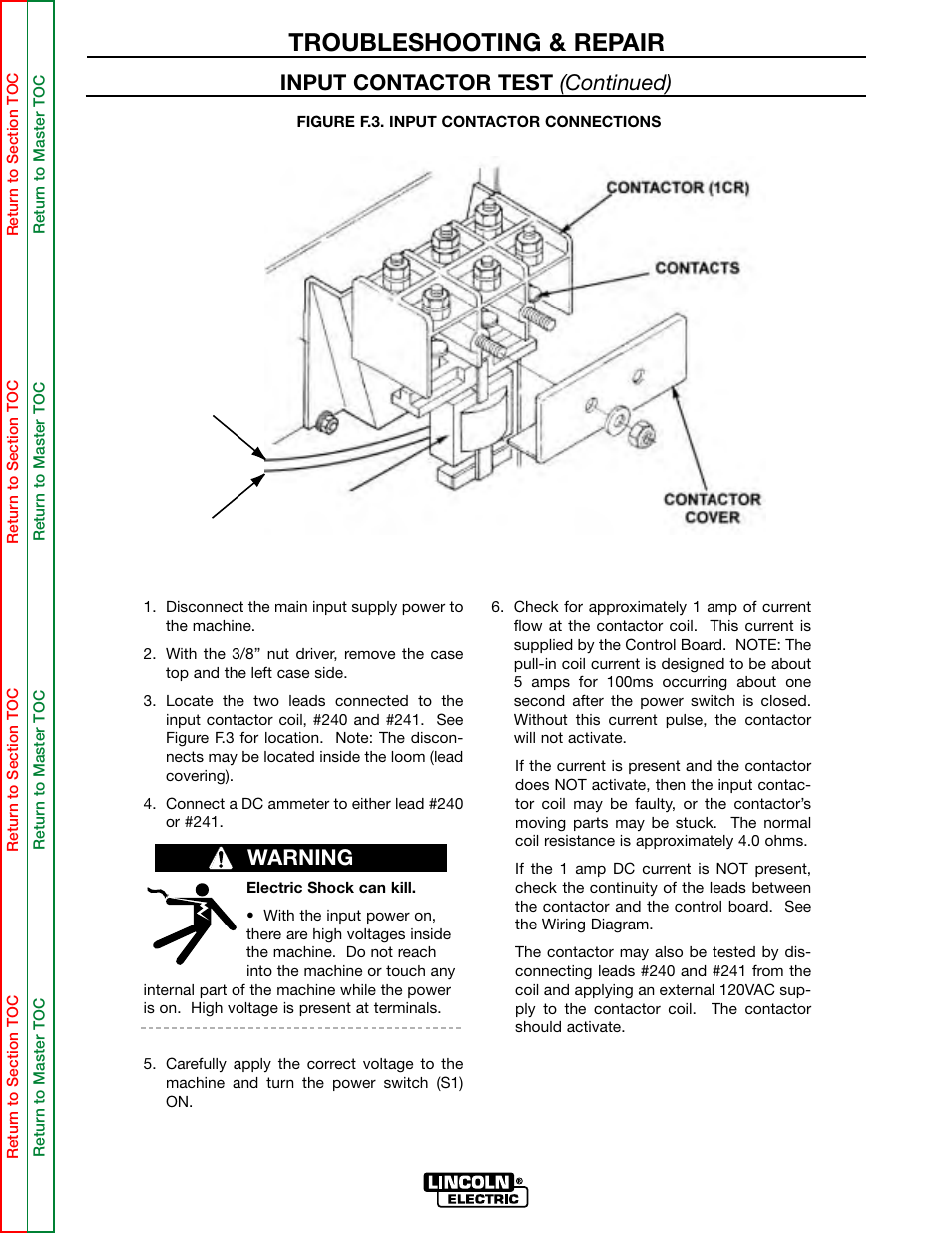 Troubleshooting & repair, Input contactor test (continued), Warning | Lincoln Electric MULTI-SOURCE SVM155-A User Manual | Page 42 / 96