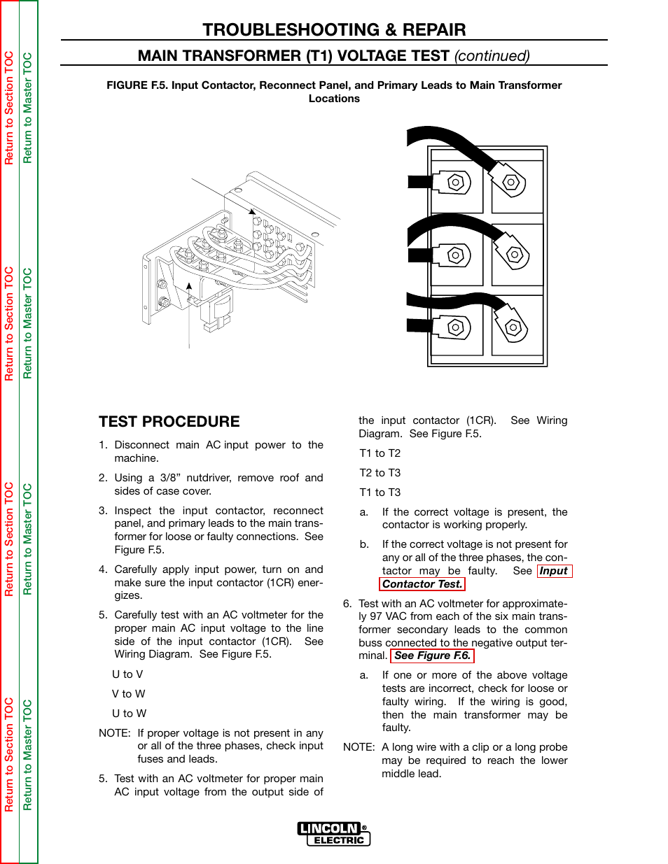 Troubleshooting & repair, Main transformer (t1) voltage test (continued), Test procedure | Reconnect panel assembly input contactor | Lincoln Electric MULTI-SOURCE SVM155-A User Manual | Page 46 / 96