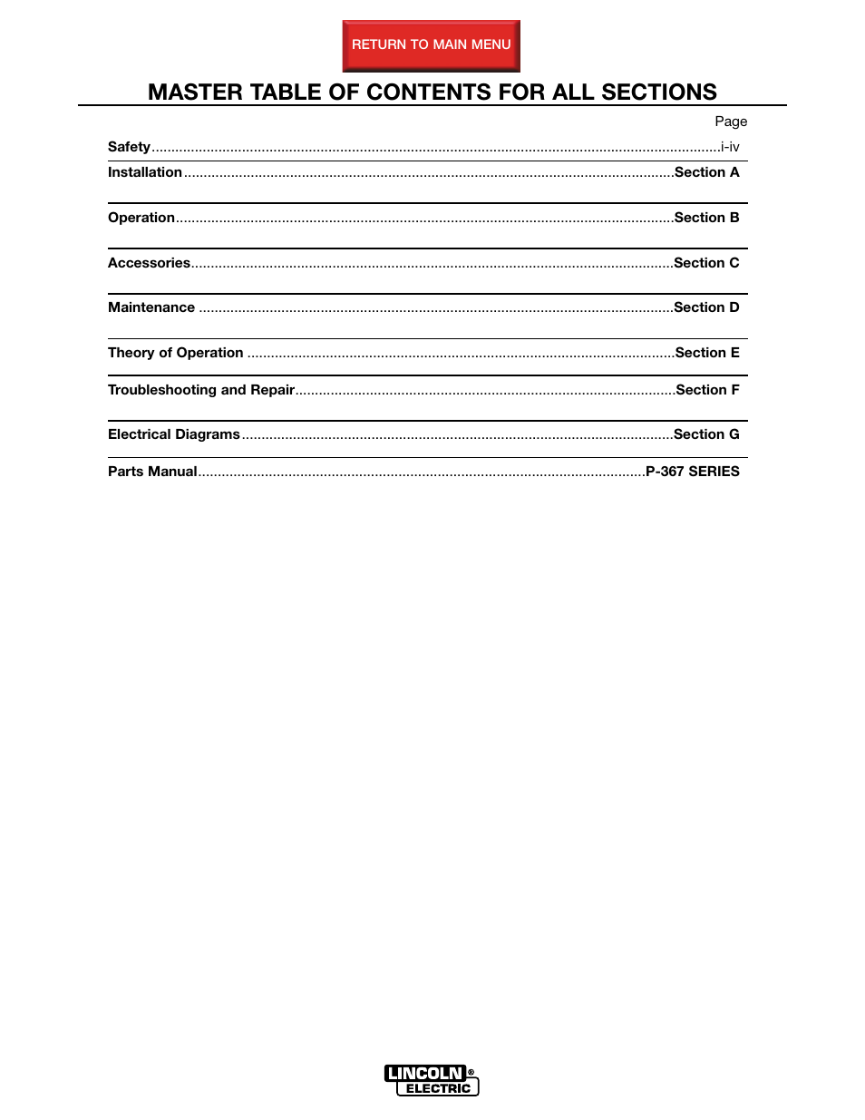 Master table of contents, Retur, N to master toc | Lincoln Electric MULTI-SOURCE SVM155-A User Manual | Page 6 / 96