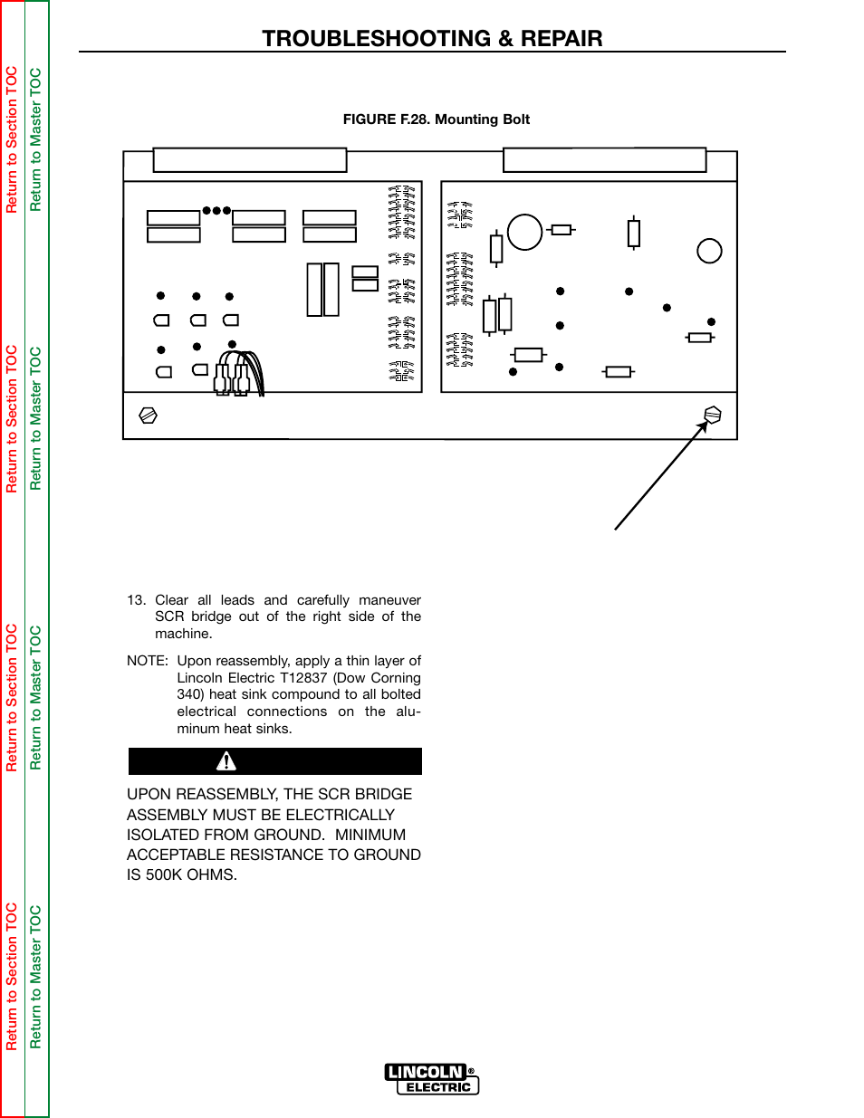 D. see figure f.28, Mounting bolt, Troubleshooting & repair | Firing board control board, Caution | Lincoln Electric MULTI-SOURCE SVM155-A User Manual | Page 84 / 96