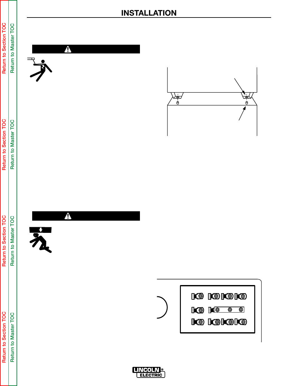 Tilting, Installation, Rear panel | Select proper location, Stacking, Electrical input connections, Safety precautions, Warning | Lincoln Electric MULTI-SOURCE SVM155-A User Manual | Page 9 / 96