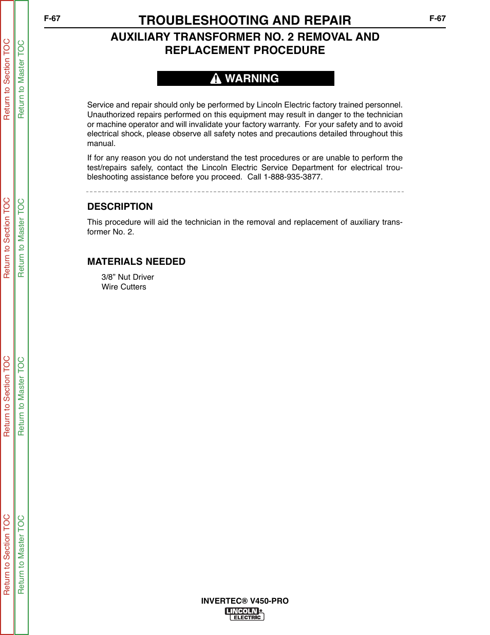 Troubleshooting and repair, Warning | Lincoln Electric INVERTEC SVM199-A User Manual | Page 107 / 145