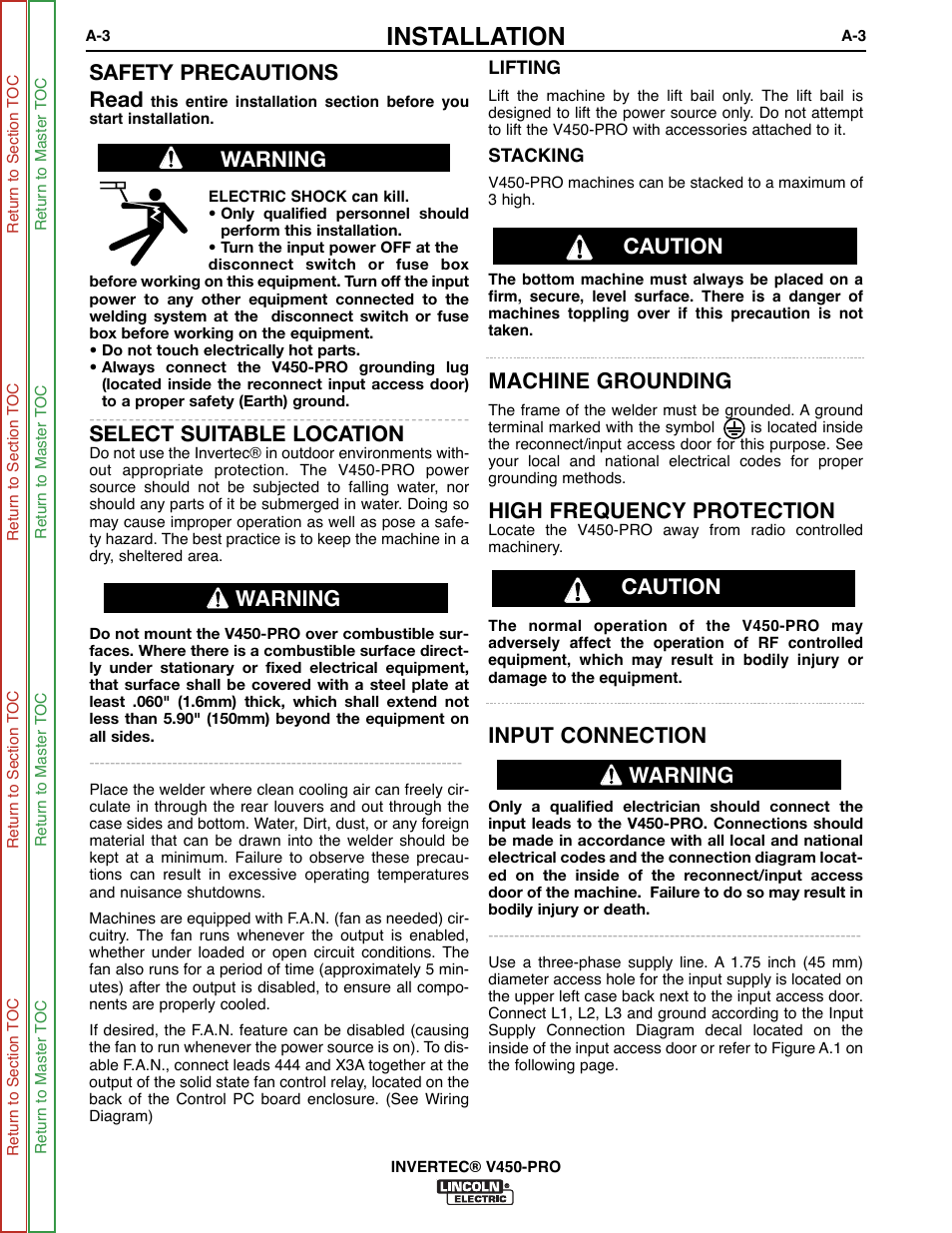 Installation, Machine grounding, High frequency protection | Input connection, Safety precautions read, Select suitable location, Warning, Warning caution caution | Lincoln Electric INVERTEC SVM199-A User Manual | Page 11 / 145