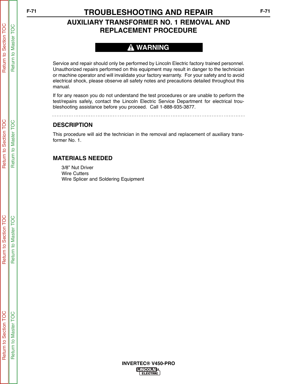 Troubleshooting and repair, Warning | Lincoln Electric INVERTEC SVM199-A User Manual | Page 111 / 145