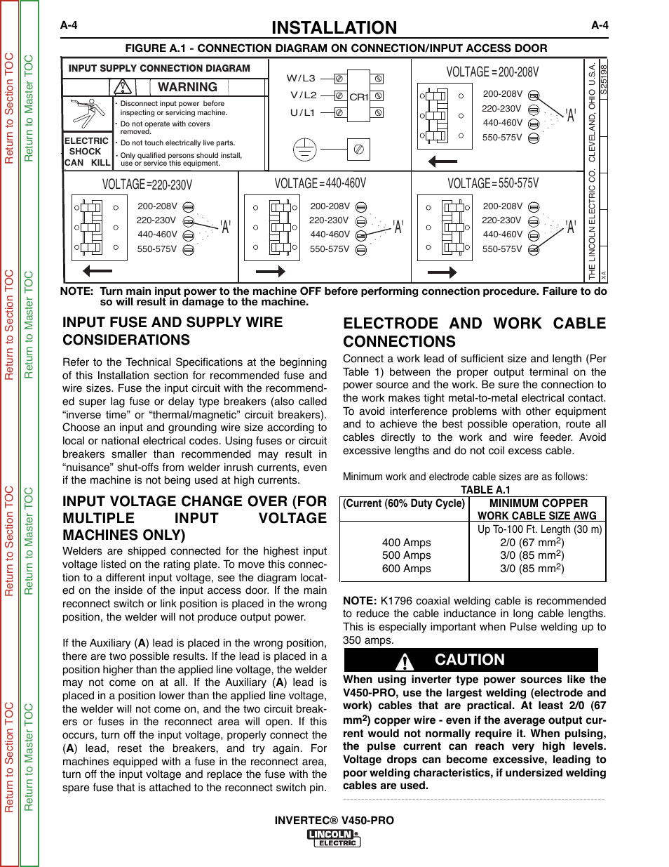 Installation, Electrode and work cable connections, Caution | Input fuse and supply wire considerations, 230v, 460v, Voltage, 575v | Lincoln Electric INVERTEC SVM199-A User Manual | Page 12 / 145