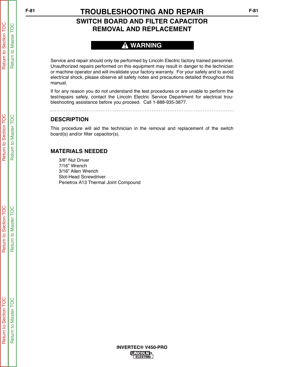 Switch board removal and replacement, Troubleshooting and repair, Warning | Lincoln Electric INVERTEC SVM199-A User Manual | Page 121 / 145