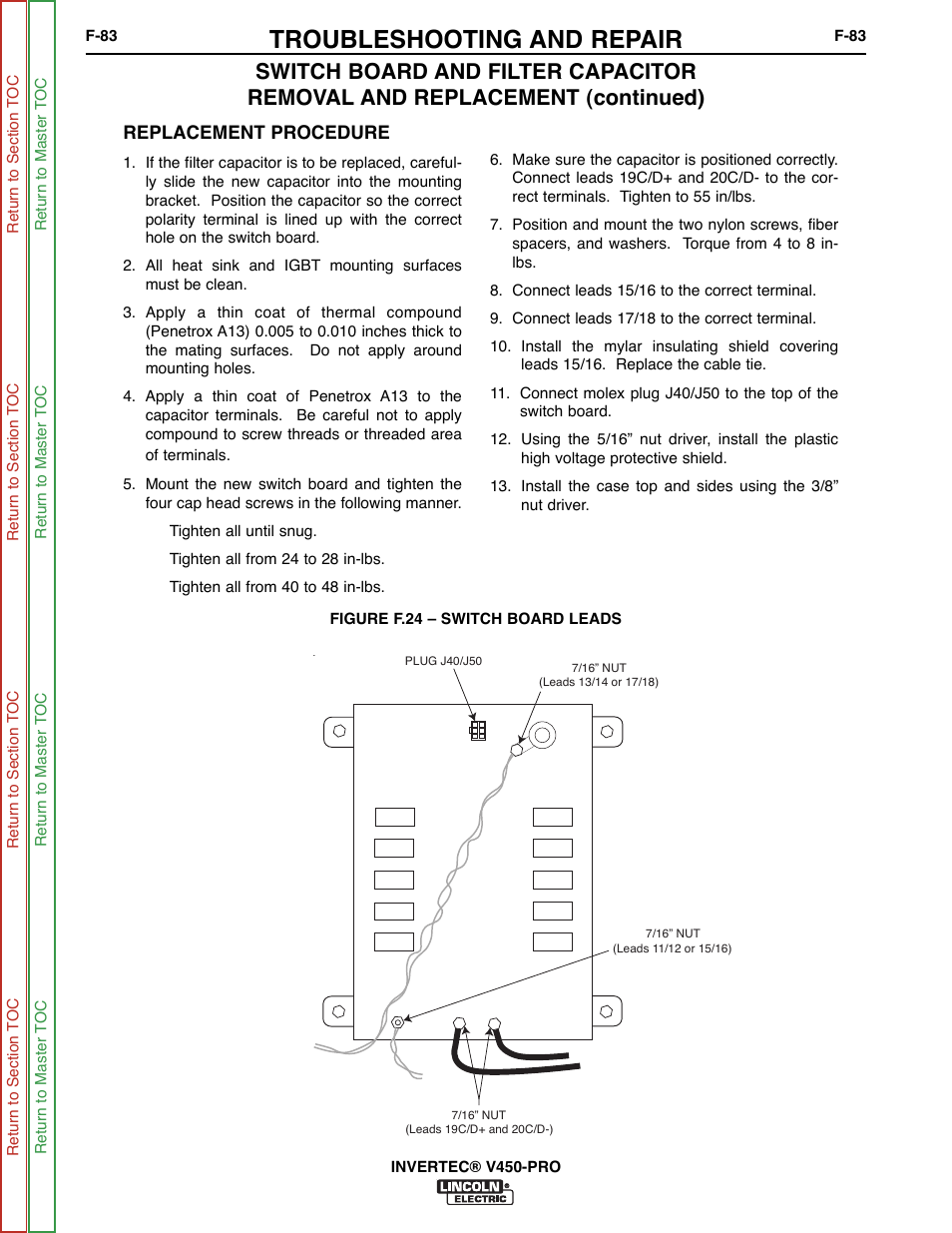 See figure f.24, Troubleshooting and repair | Lincoln Electric INVERTEC SVM199-A User Manual | Page 123 / 145
