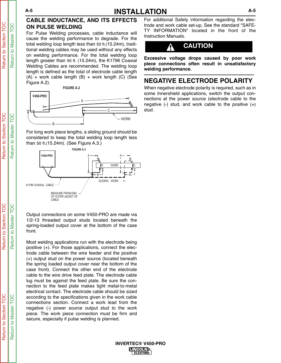 Installation, Negative electrode polarity, Caution | Cable inductance, and its effects on pulse welding | Lincoln Electric INVERTEC SVM199-A User Manual | Page 13 / 145