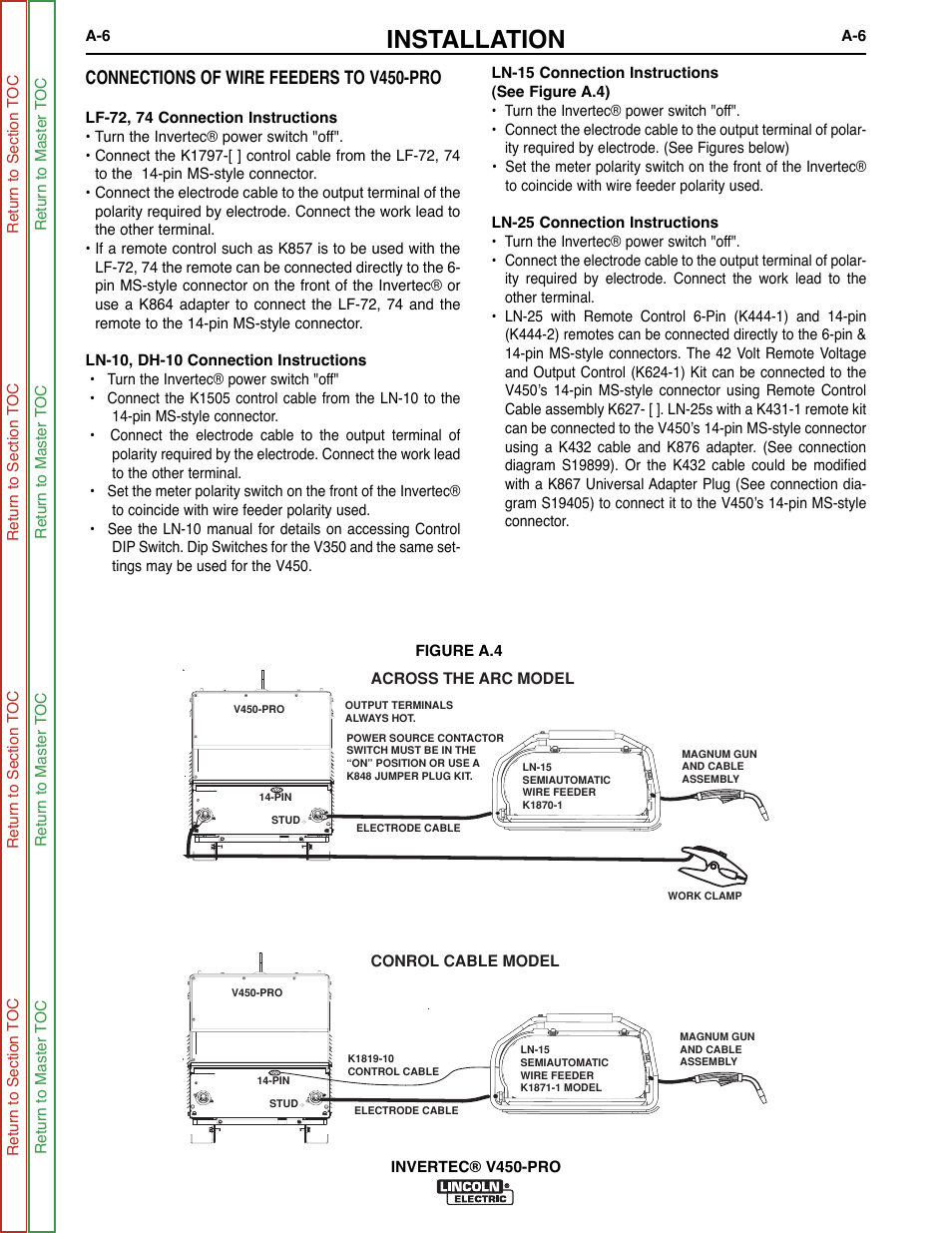 Installation, Connections of wire feeders to v450-pro | Lincoln Electric INVERTEC SVM199-A User Manual | Page 14 / 145