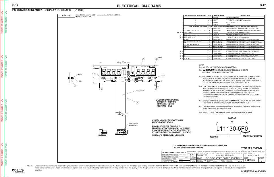 Electrical diagrams, Test per e3856-d, Caution | G-17, Invertec® v450-pro, Miscellaneous spi display pc board assembly, Make as, Identification code part no | Lincoln Electric INVERTEC SVM199-A User Manual | Page 141 / 145