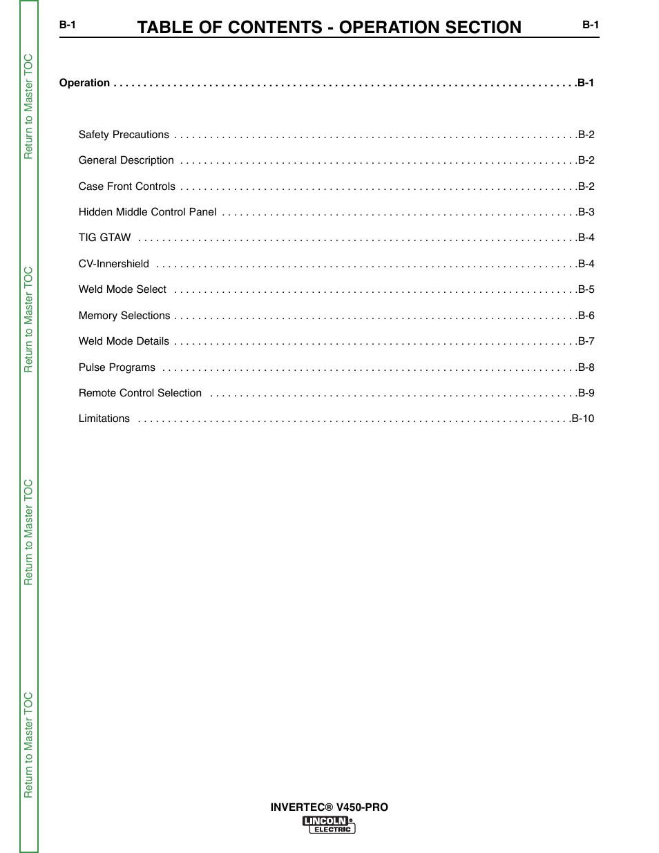 Section b - operation | Lincoln Electric INVERTEC SVM199-A User Manual | Page 17 / 145