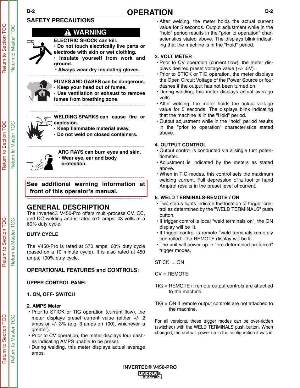 Operation, Warning general description | Lincoln Electric INVERTEC SVM199-A User Manual | Page 18 / 145