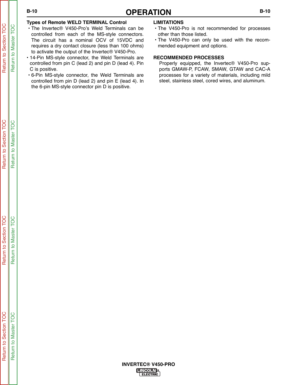 Operation | Lincoln Electric INVERTEC SVM199-A User Manual | Page 26 / 145