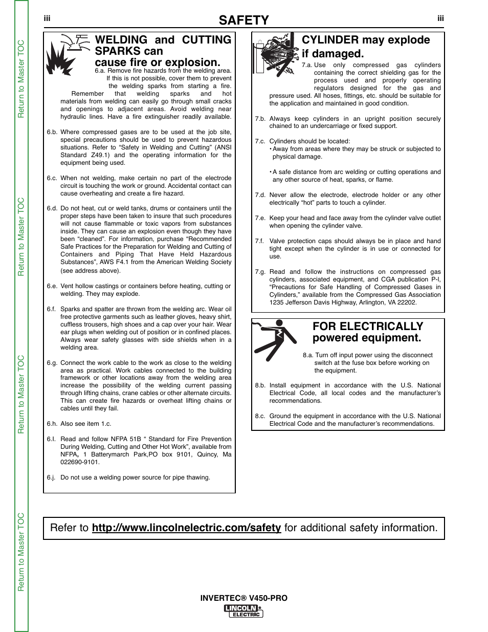 Safety, For electrically powered equipment, Cylinder may explode if damaged | Lincoln Electric INVERTEC SVM199-A User Manual | Page 4 / 145