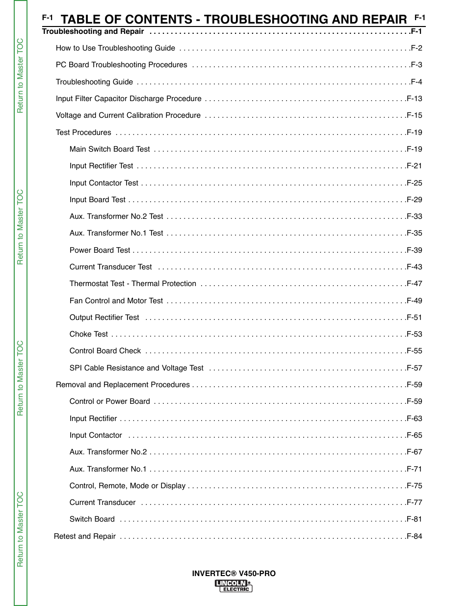 Section f - troubleshooting & repair, Table of contents - troubleshooting and repair | Lincoln Electric INVERTEC SVM199-A User Manual | Page 41 / 145