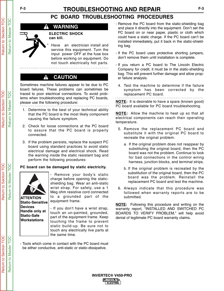 Troubleshooting and repair, Pc board troubleshooting procedures, Warning caution | Lincoln Electric INVERTEC SVM199-A User Manual | Page 43 / 145