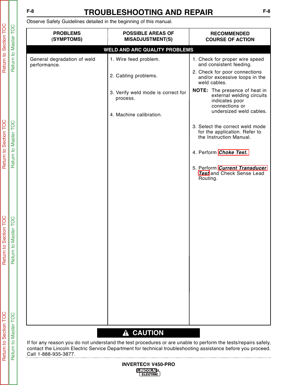 General degradation of weld performance, Troubleshooting and repair, Caution | Lincoln Electric INVERTEC SVM199-A User Manual | Page 48 / 145