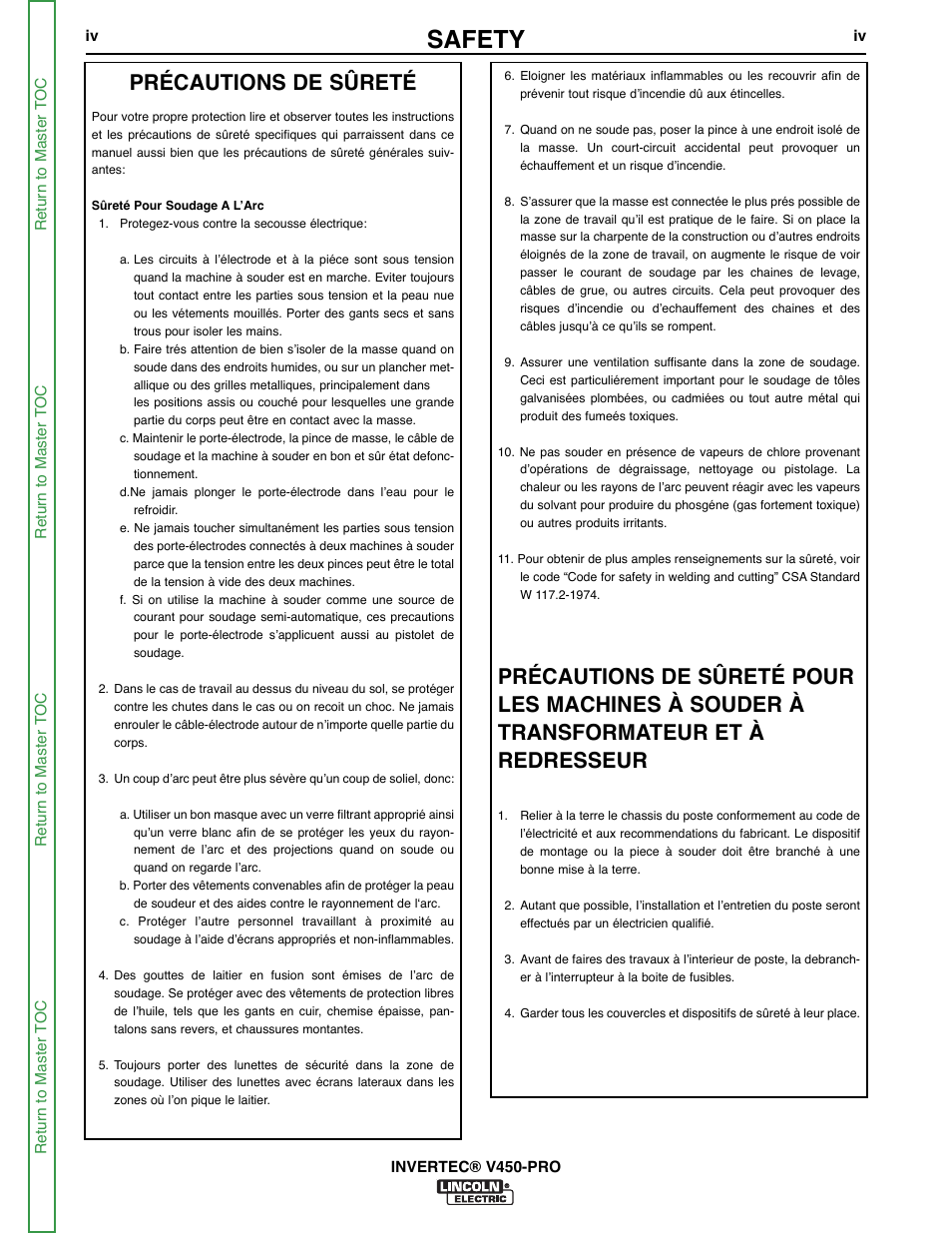 Safety, Précautions de sûreté | Lincoln Electric INVERTEC SVM199-A User Manual | Page 5 / 145