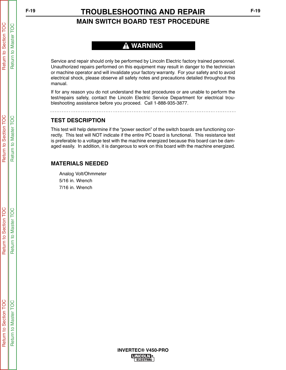Igbt switch, Board test, Troubleshooting and repair | Main switch board test procedure, Warning | Lincoln Electric INVERTEC SVM199-A User Manual | Page 59 / 145