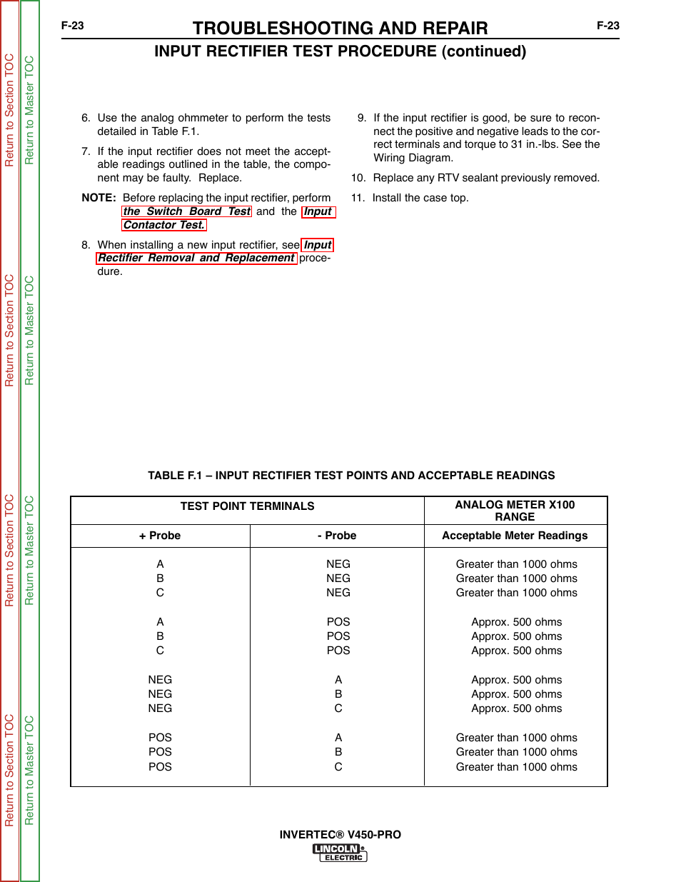 Troubleshooting and repair, Input rectifier test procedure (continued) | Lincoln Electric INVERTEC SVM199-A User Manual | Page 63 / 145