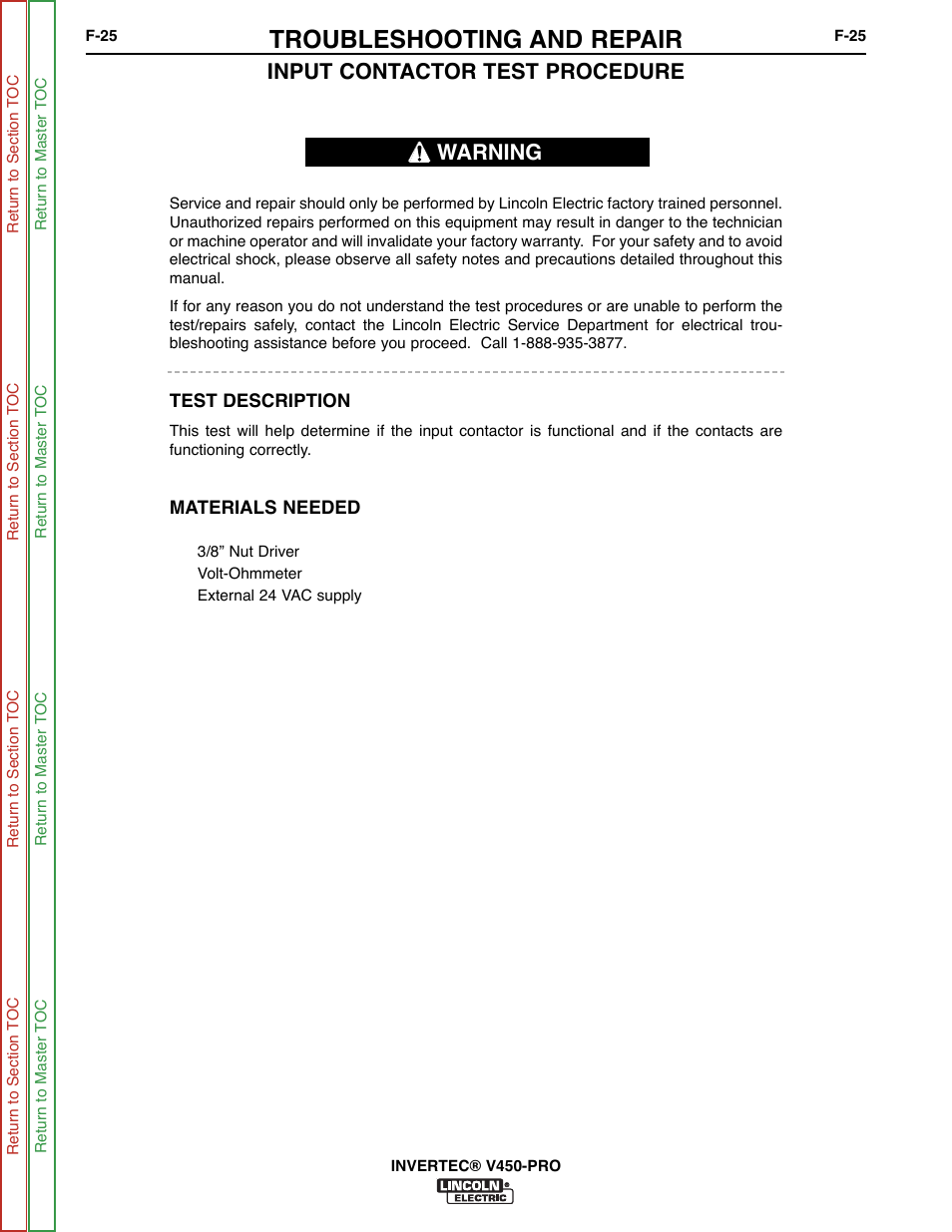 Input contactor, Test, Input contactor test | Troubleshooting and repair, Input contactor test procedure, Warning | Lincoln Electric INVERTEC SVM199-A User Manual | Page 65 / 145