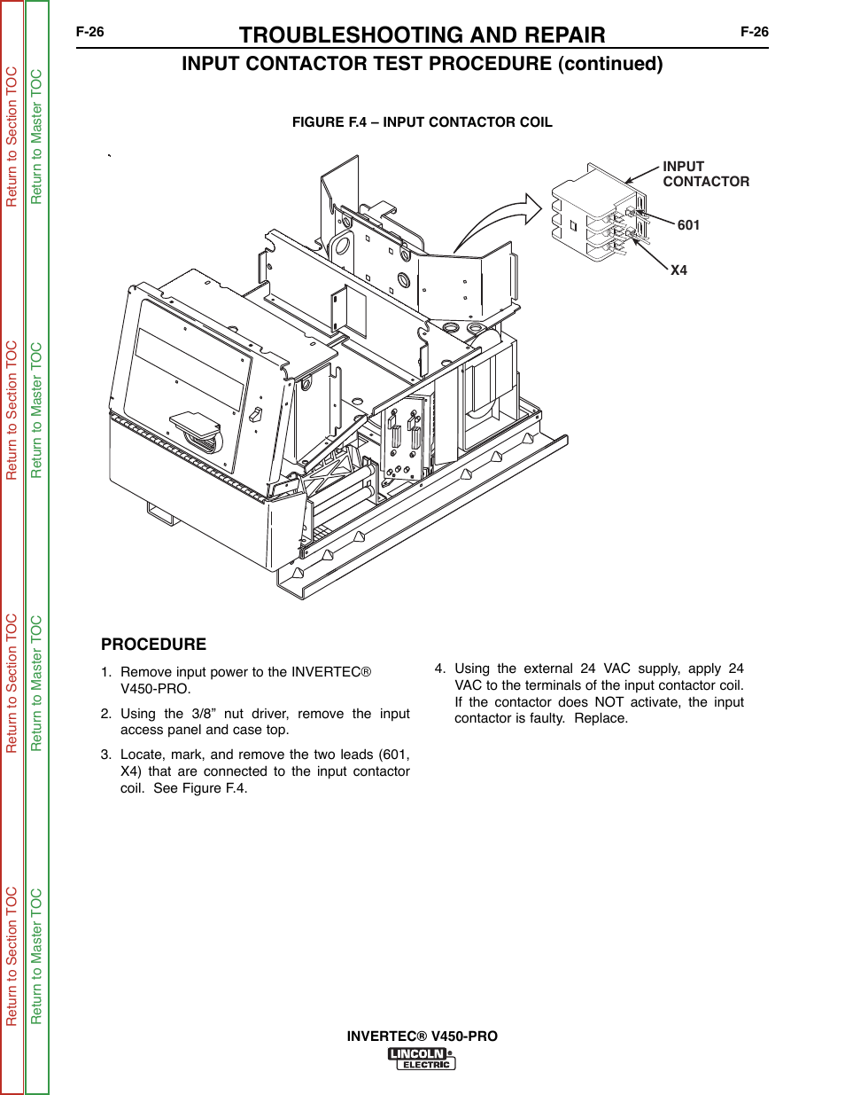 Troubleshooting and repair, Input contactor test procedure (continued) | Lincoln Electric INVERTEC SVM199-A User Manual | Page 66 / 145