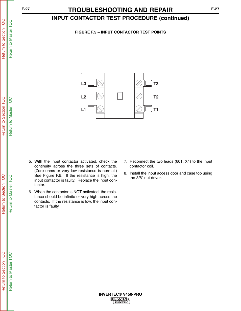 Troubleshooting and repair, Input contactor test procedure (continued) | Lincoln Electric INVERTEC SVM199-A User Manual | Page 67 / 145