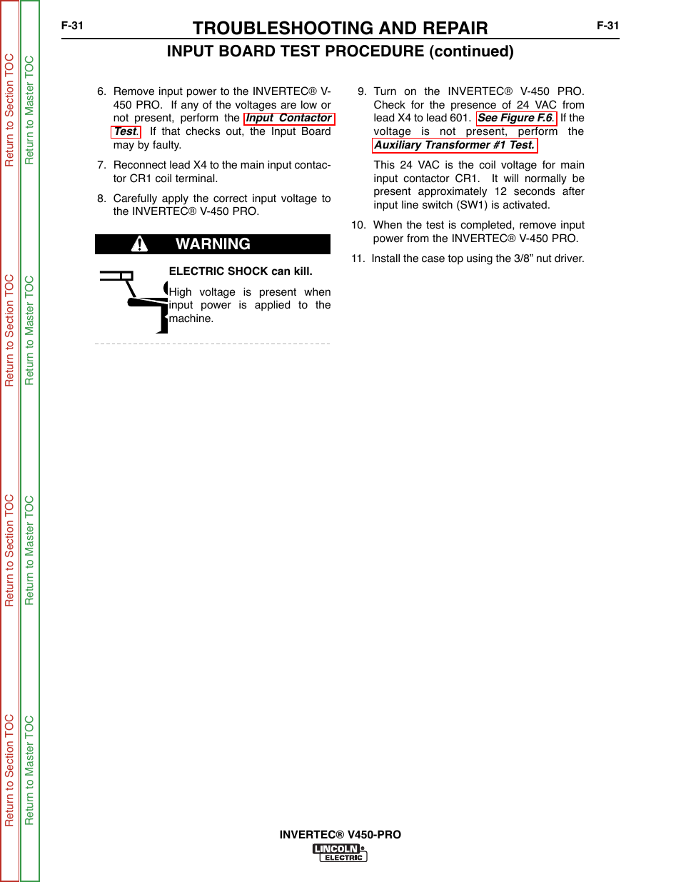 Troubleshooting and repair, Input board test procedure (continued), Warning | Lincoln Electric INVERTEC SVM199-A User Manual | Page 71 / 145