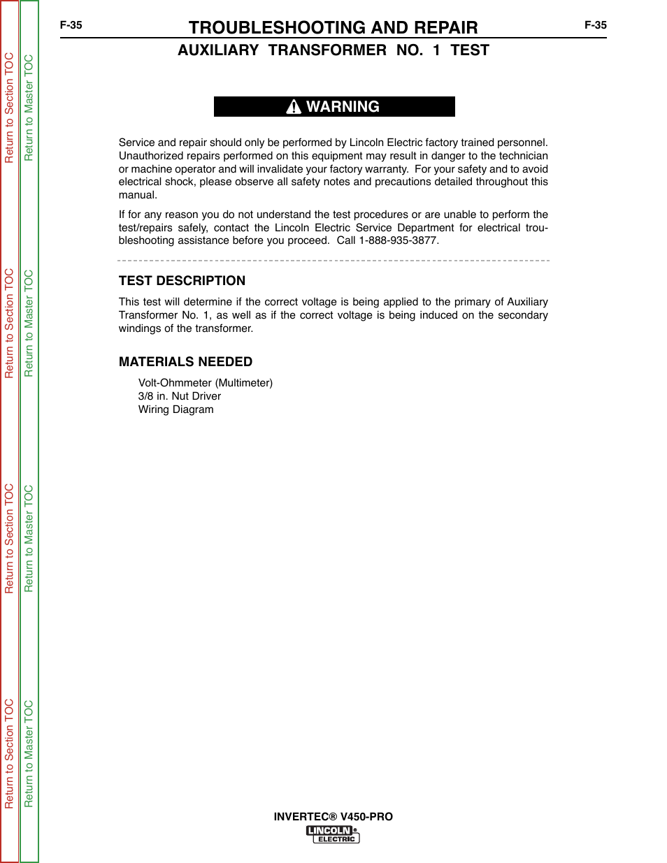 Auxiliary transformer test, Auxiliary, Transformer test | Auxiliary transformer #1 test, Troubleshooting and repair, Auxiliary transformer no. 1 test, Warning | Lincoln Electric INVERTEC SVM199-A User Manual | Page 75 / 145