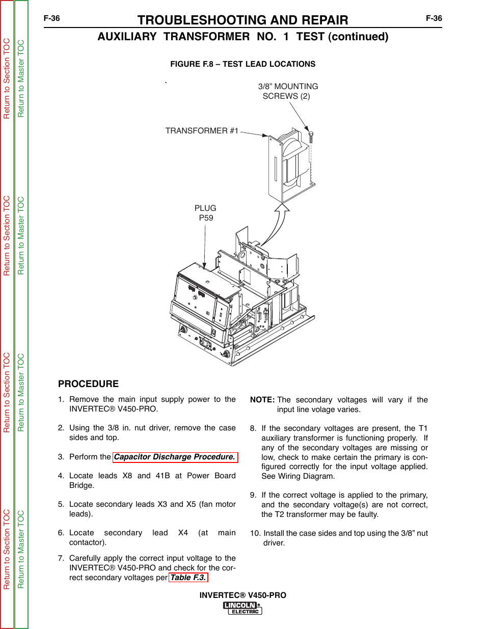 Troubleshooting and repair, Auxiliary transformer no. 1 test (continued) | Lincoln Electric INVERTEC SVM199-A User Manual | Page 76 / 145