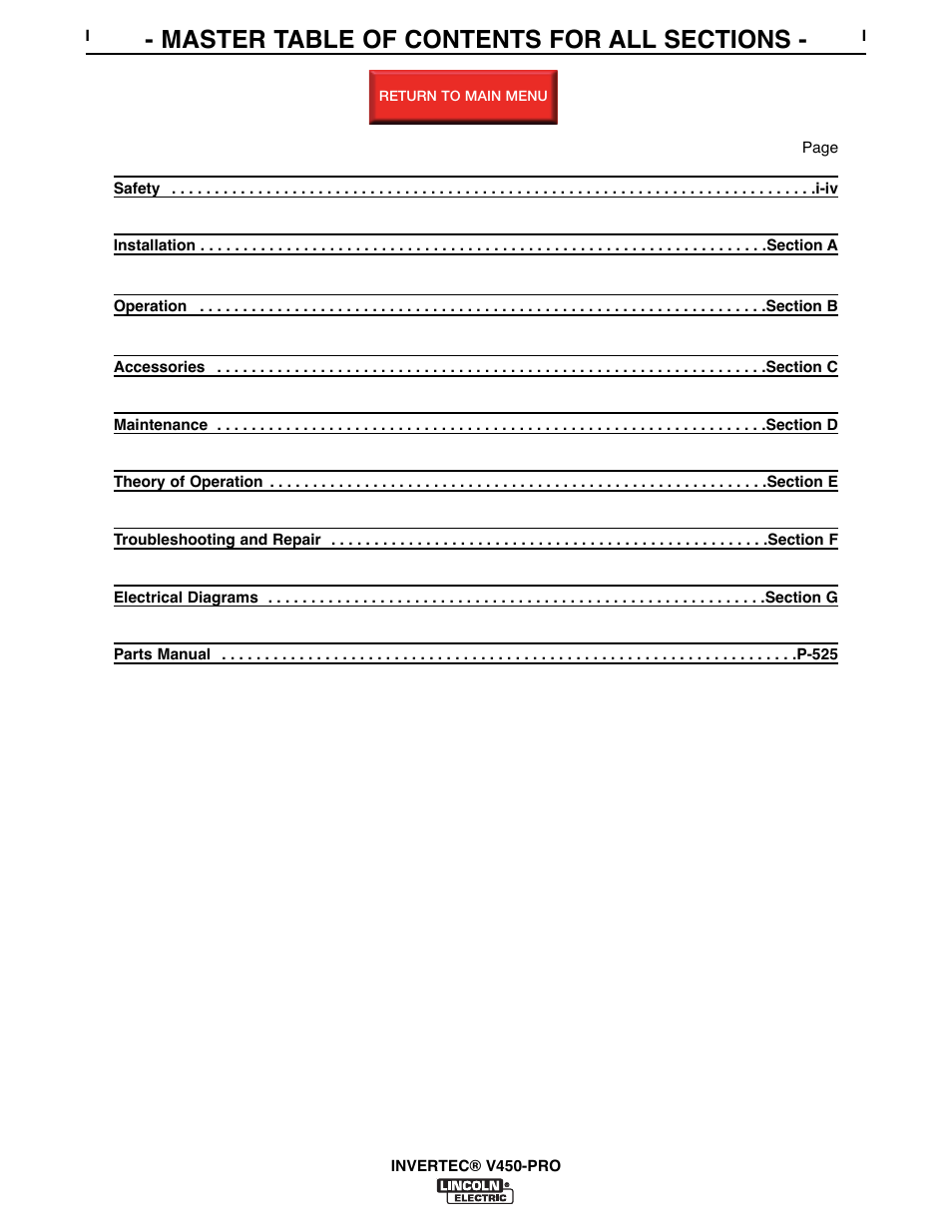 Master table of contents, Return, Master | Lincoln Electric INVERTEC SVM199-A User Manual | Page 8 / 145