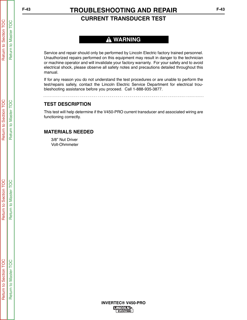 Current transducer, Test, Troubleshooting and repair | Current transducer test, Warning | Lincoln Electric INVERTEC SVM199-A User Manual | Page 83 / 145