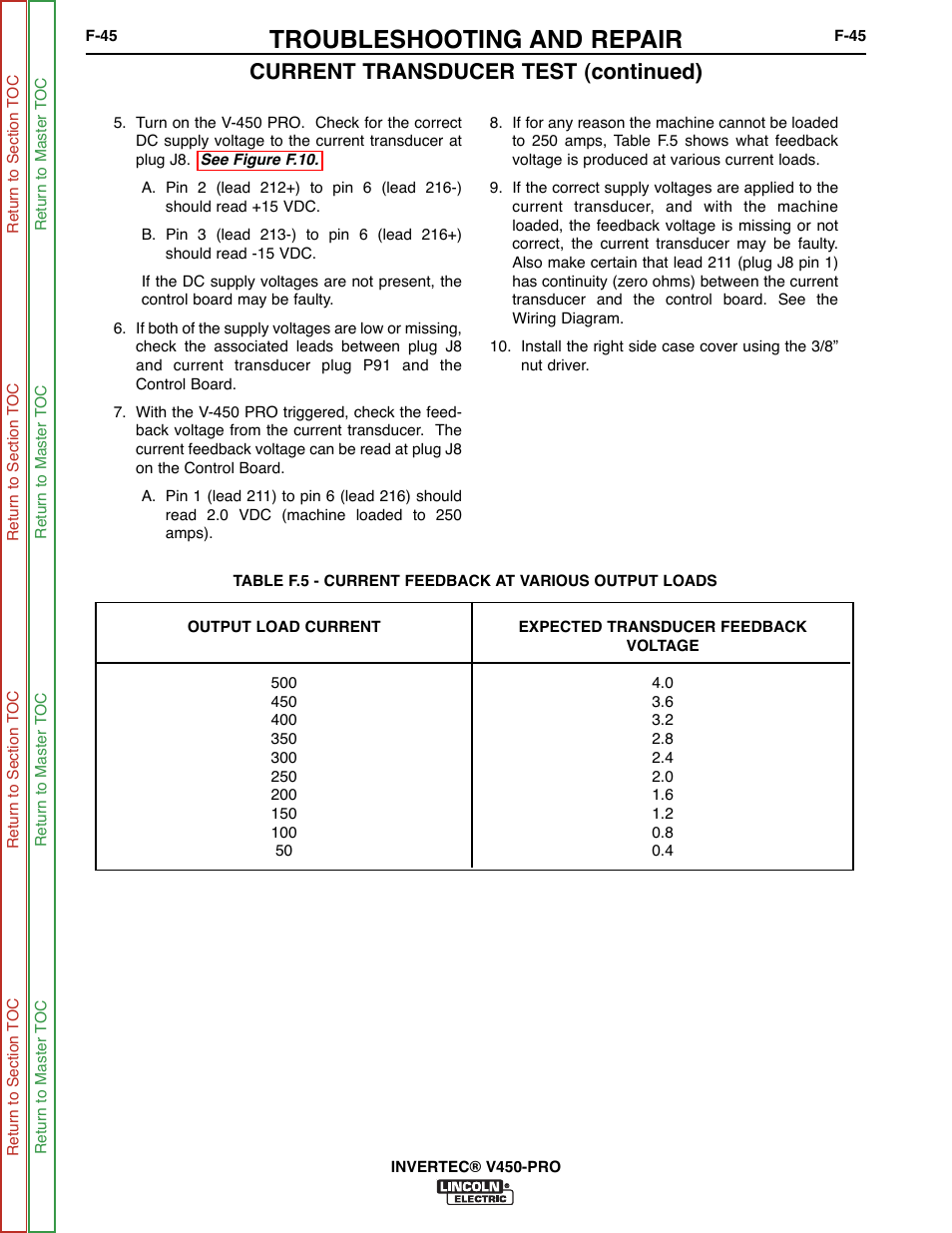 Troubleshooting and repair, Current transducer test (continued) | Lincoln Electric INVERTEC SVM199-A User Manual | Page 85 / 145