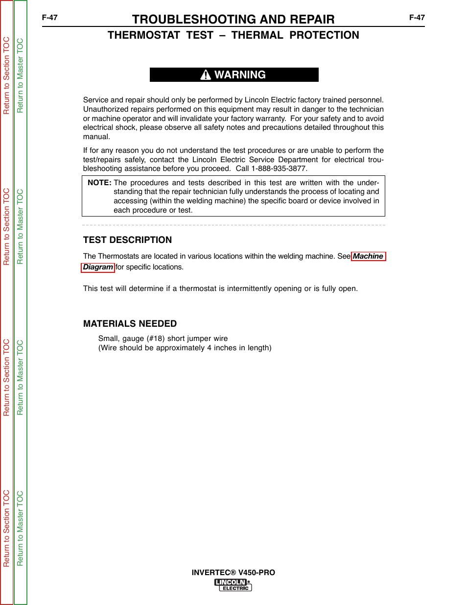 Thermostat test, Troubleshooting and repair, Thermostat test – thermal protection | Warning | Lincoln Electric INVERTEC SVM199-A User Manual | Page 87 / 145