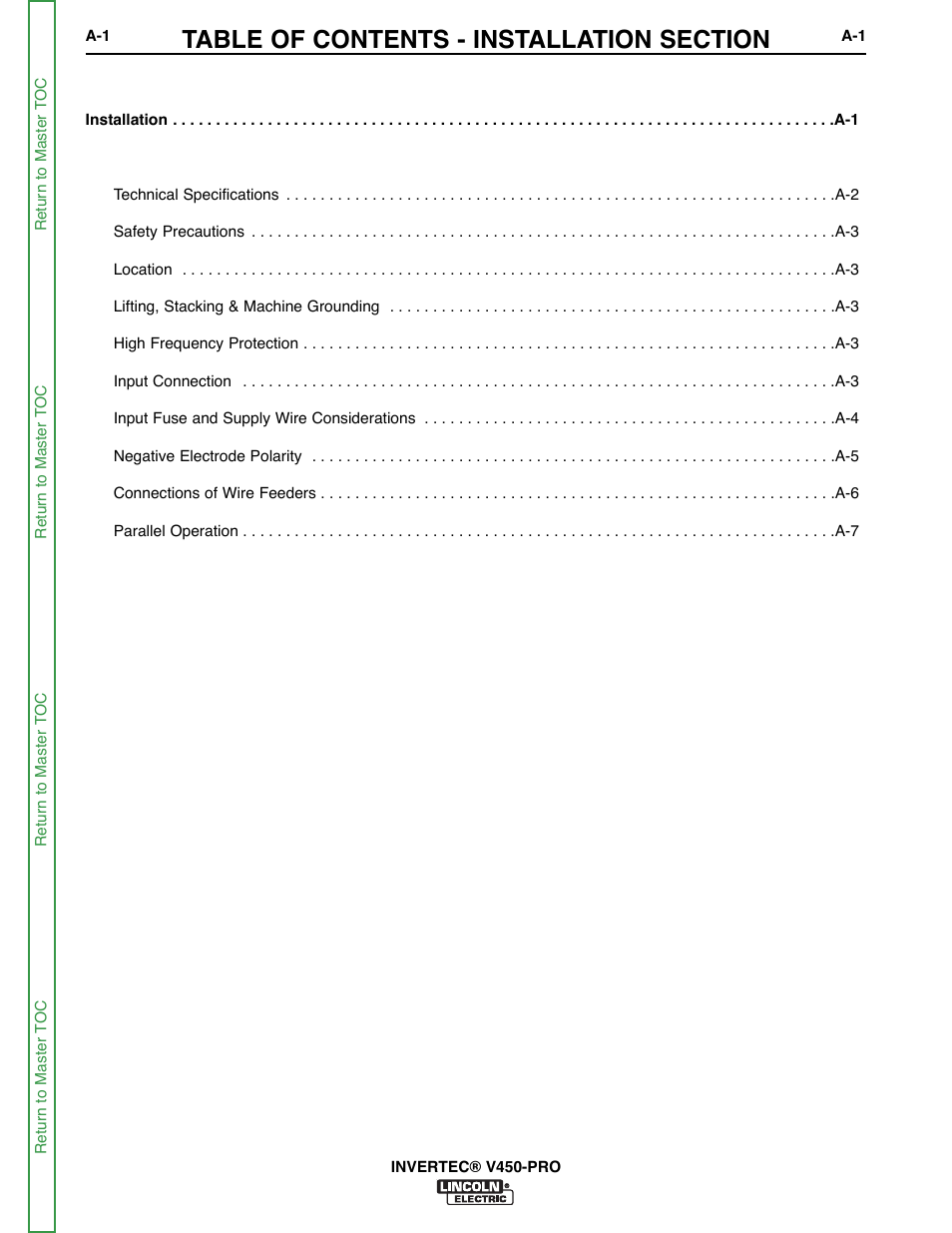 Section a - installation | Lincoln Electric INVERTEC SVM199-A User Manual | Page 9 / 145