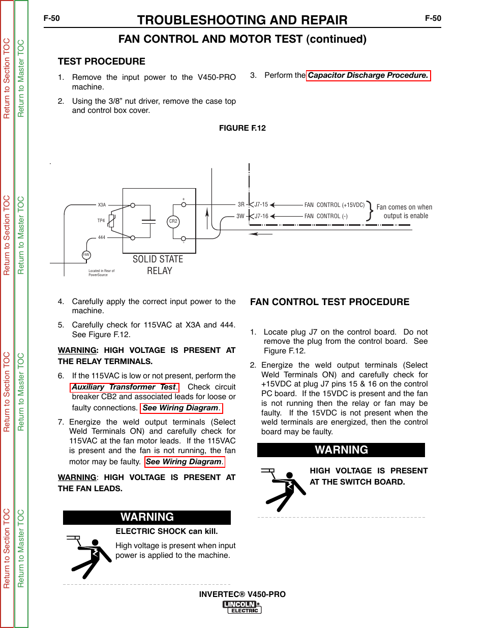 Troubleshooting and repair, Fan control and motor test (continued), Warning | Test procedure, Fan control test procedure, Solid state relay | Lincoln Electric INVERTEC SVM199-A User Manual | Page 90 / 145
