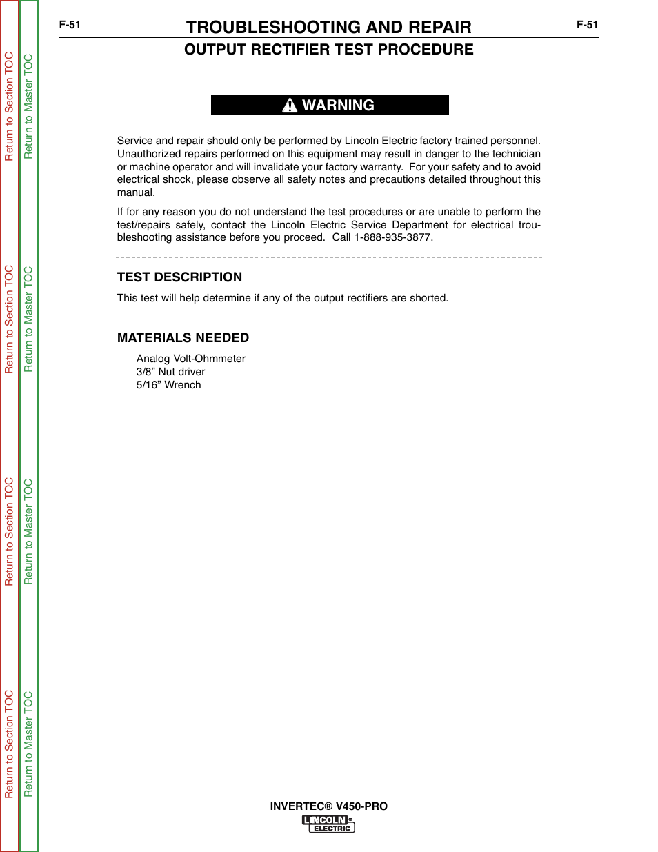 Troubleshooting and repair, Output rectifier test procedure, Warning | Lincoln Electric INVERTEC SVM199-A User Manual | Page 91 / 145