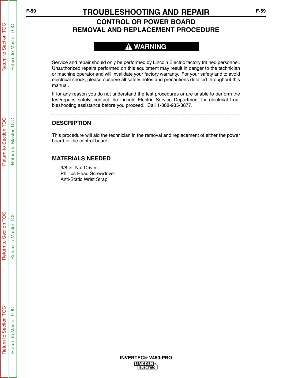 Troubleshooting and repair, Warning | Lincoln Electric INVERTEC SVM199-A User Manual | Page 99 / 145