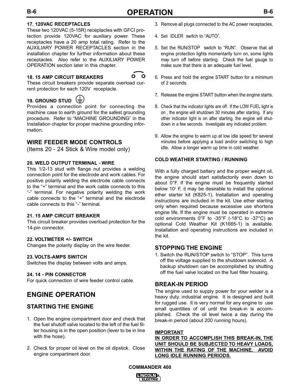 Operation, Engine operation | Lincoln Electric COMMANDER IM544-B User Manual | Page 19 / 48