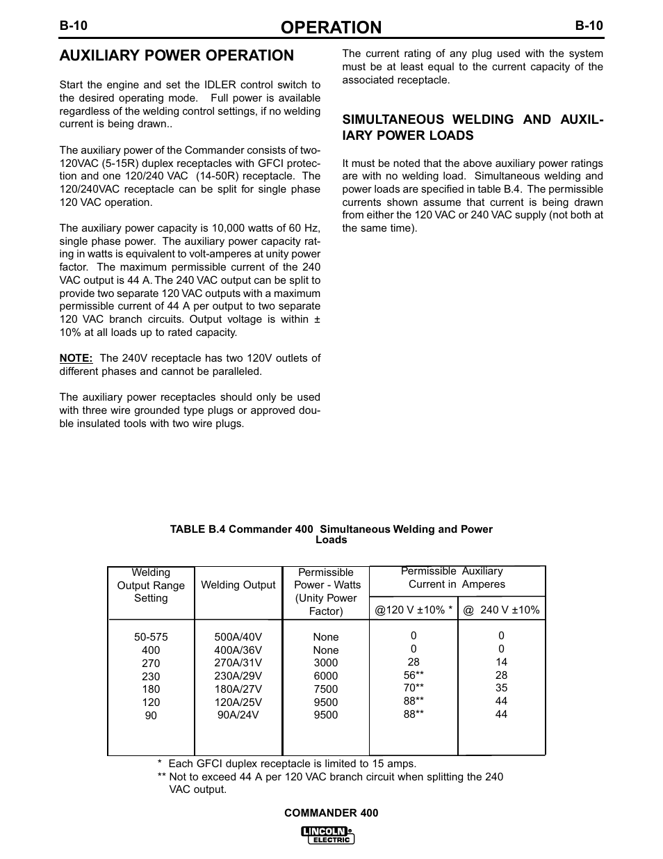 Operation, Auxiliary power operation | Lincoln Electric COMMANDER IM544-B User Manual | Page 23 / 48