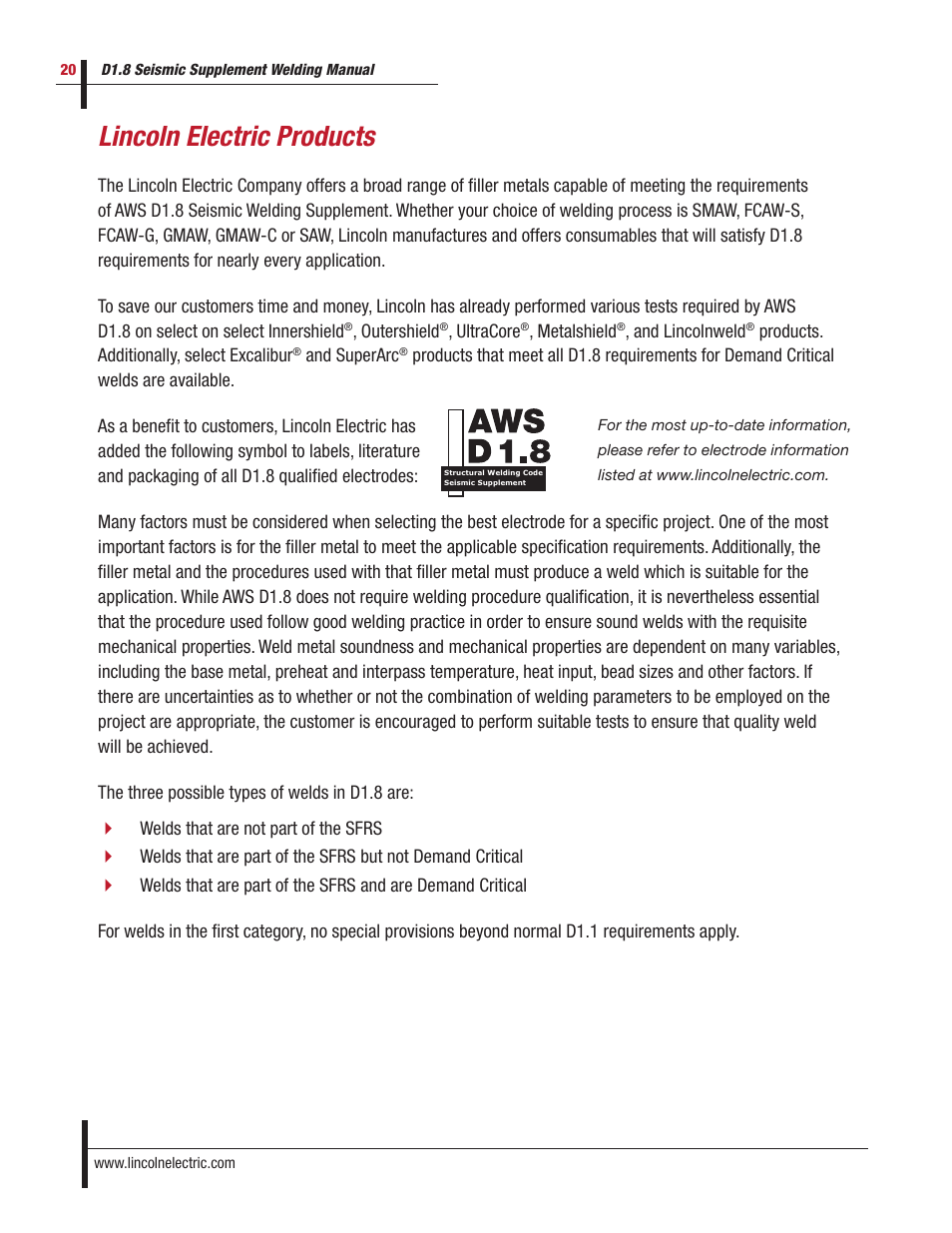 Lincoln electric products | Lincoln Electric D1.8 User Manual | Page 20 / 48