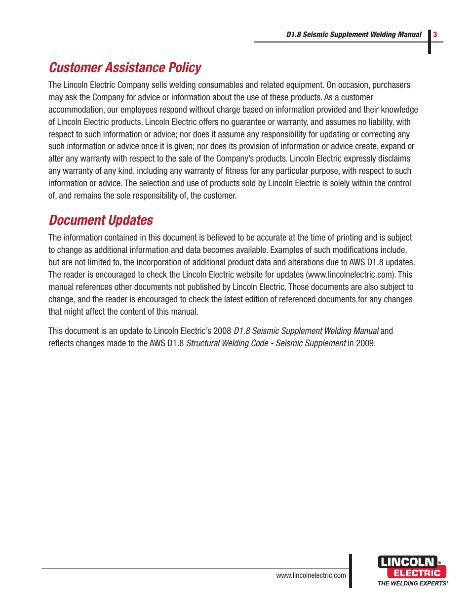 Customer assistance policy, Document updates | Lincoln Electric D1.8 User Manual | Page 3 / 48
