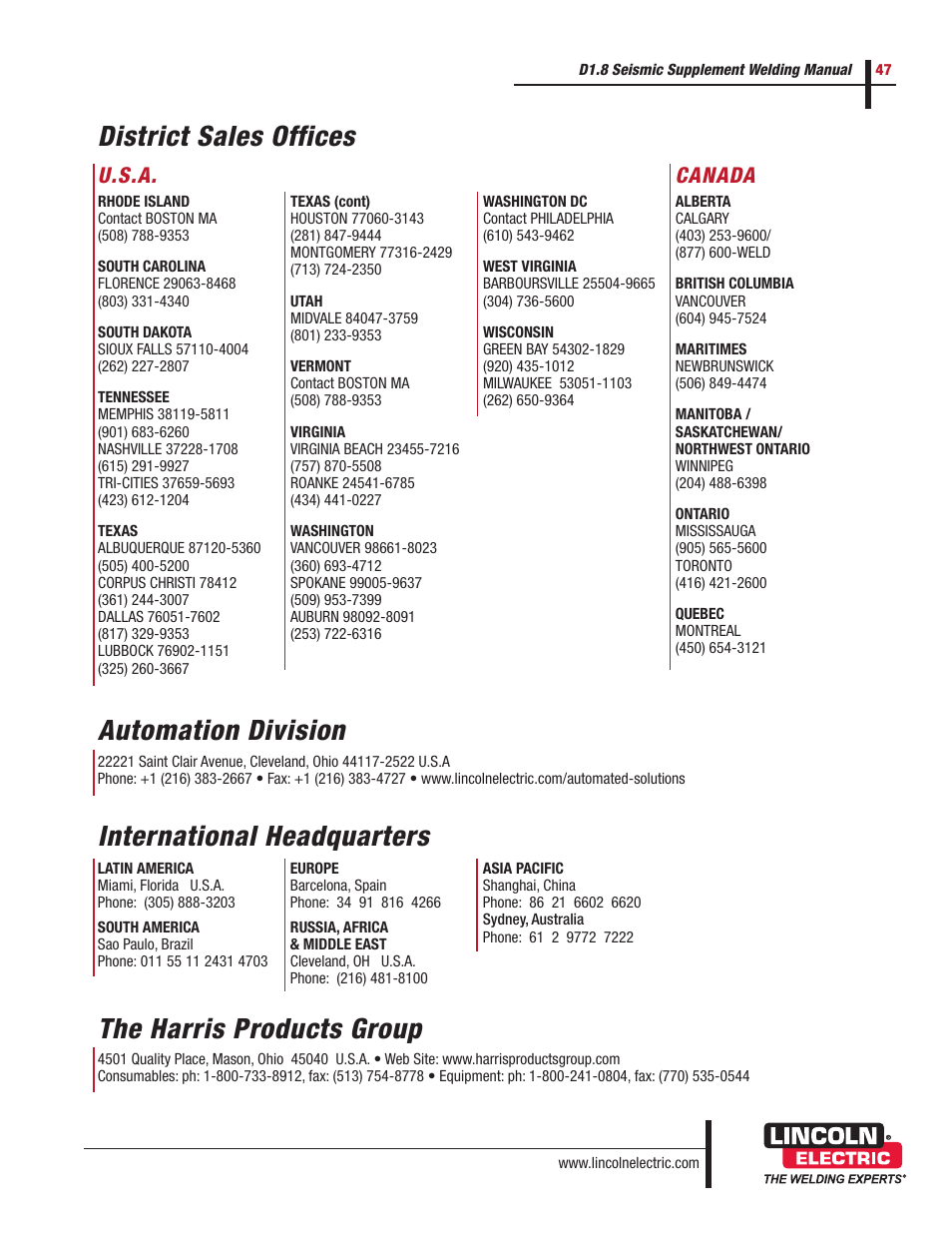 District sales offices, U.s.a. canada | Lincoln Electric D1.8 User Manual | Page 47 / 48