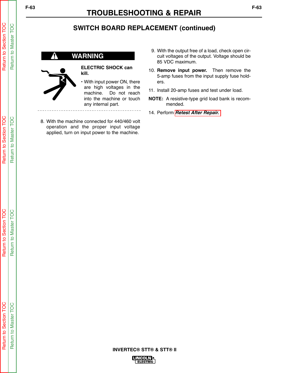 Troubleshooting & repair, Switch board replacement (continued), Warning | Lincoln Electric INVERTEC SVM129-B User Manual | Page 101 / 145