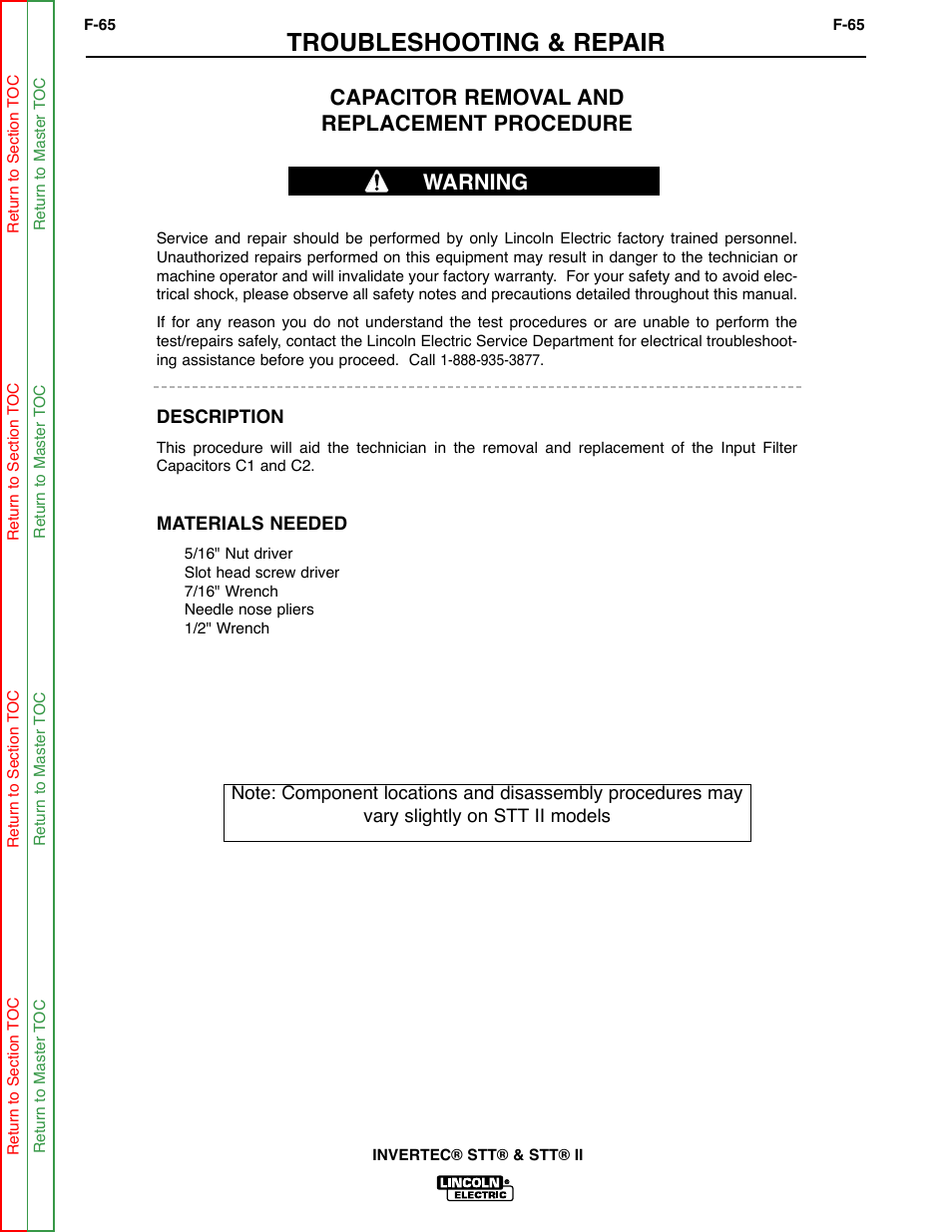 Troubleshooting & repair, Capacitor removal and replacement procedure, Warning | Lincoln Electric INVERTEC SVM129-B User Manual | Page 103 / 145