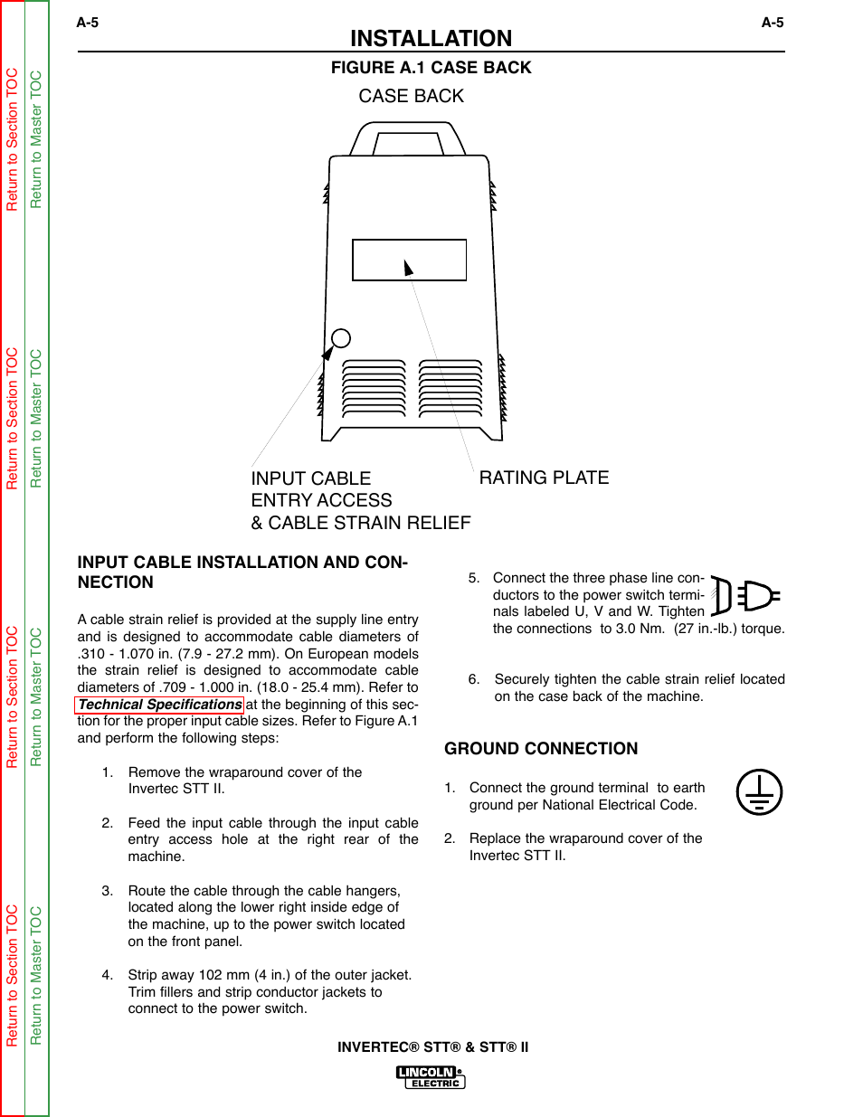 Figure a.1, To input cable installa- tion and connection, Installation | Lincoln Electric INVERTEC SVM129-B User Manual | Page 11 / 145