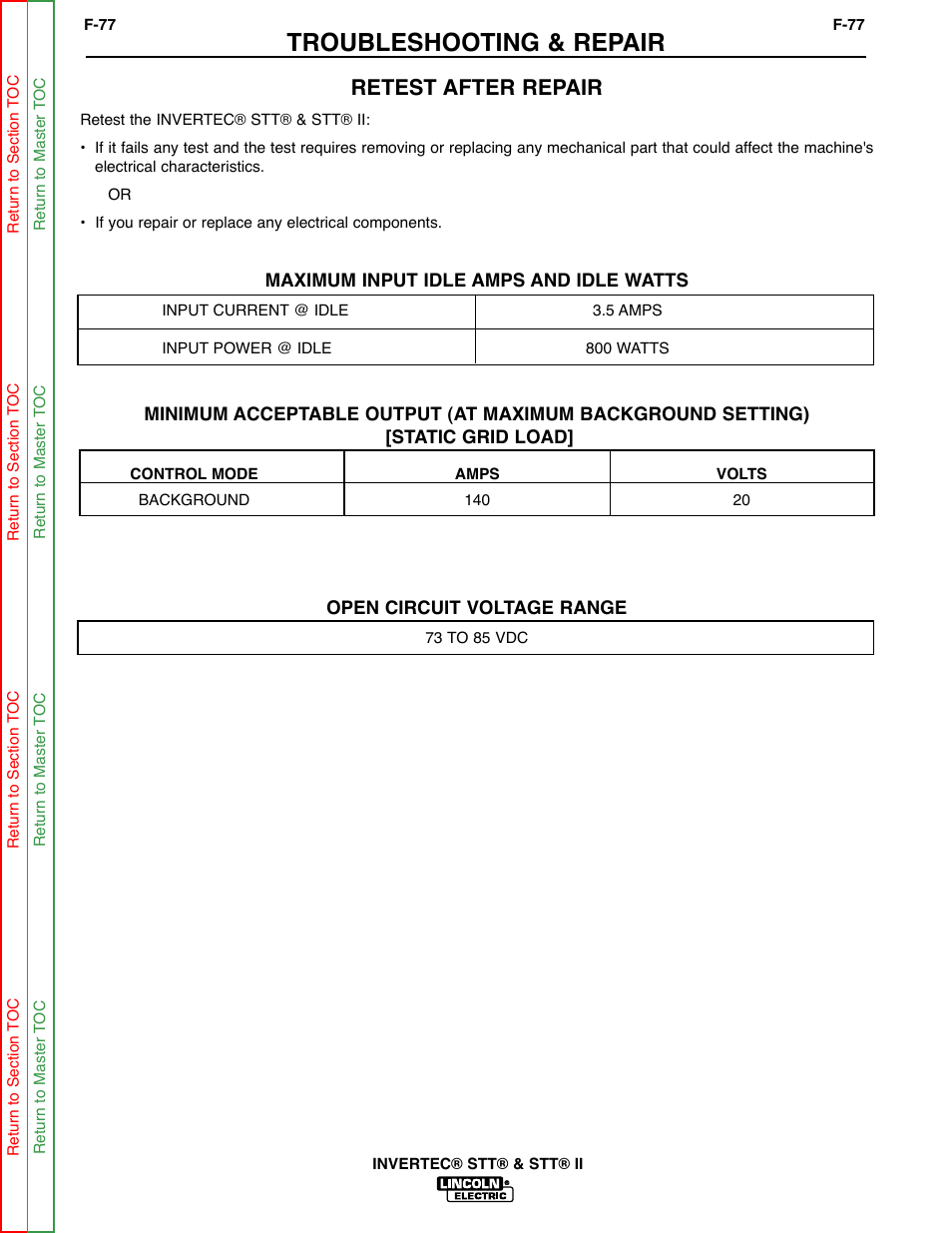 Perform retest after repair, Troubleshooting & repair, Retest after repair | Lincoln Electric INVERTEC SVM129-B User Manual | Page 115 / 145