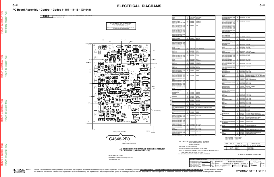 Electrical diagrams, G-11, Invertec | Inverter welders control p.c. board assembly, Caution, Equipment type: subject, Proprietary & confidential, Identification code test per e4117-c, Sealant, P.c. board blank information | Lincoln Electric INVERTEC SVM129-B User Manual | Page 127 / 145