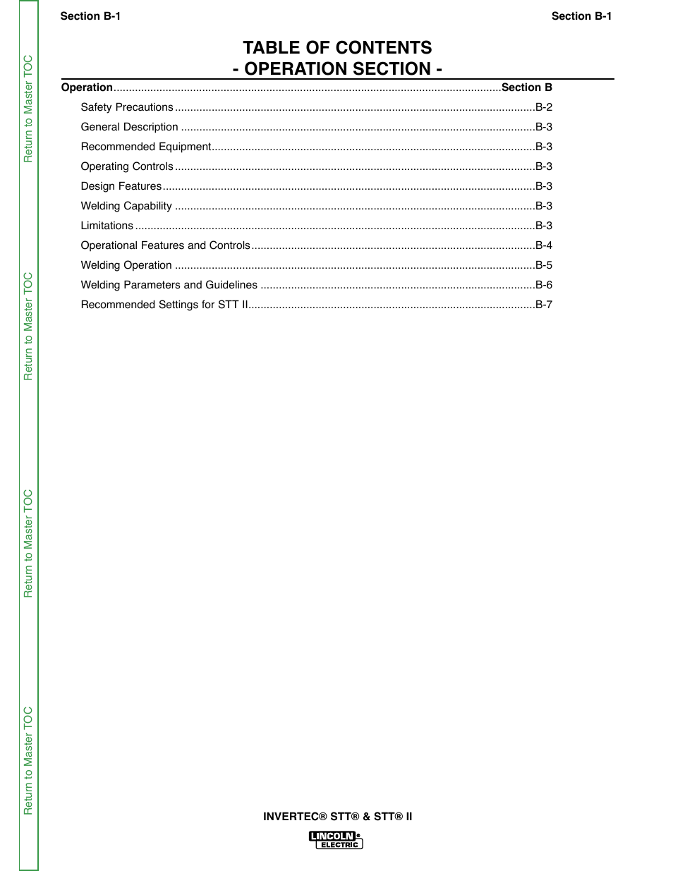 Section b - operation | Lincoln Electric INVERTEC SVM129-B User Manual | Page 13 / 145